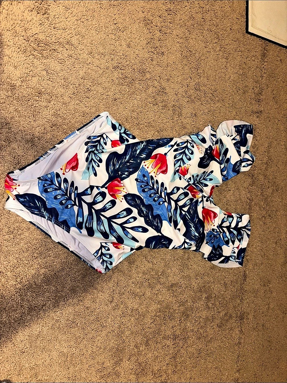 Floral One-Piece Swimsuit in White & Blue Like New
